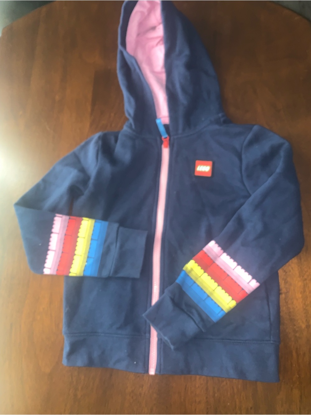 Lego Navy Hooded Zip Jacket with Pink Lining and Colorful Sleeve Stripes